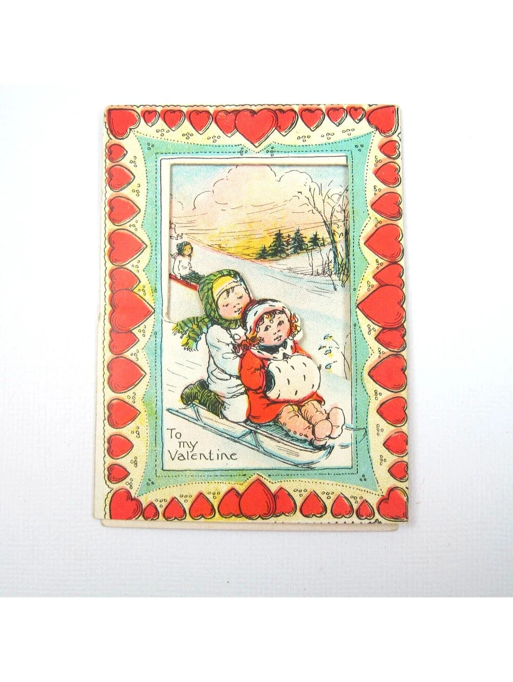 Vintage Valentine Die cut Fold 3D Card Girl Boy Snow Sledding 1920s-30s UNSIGNED